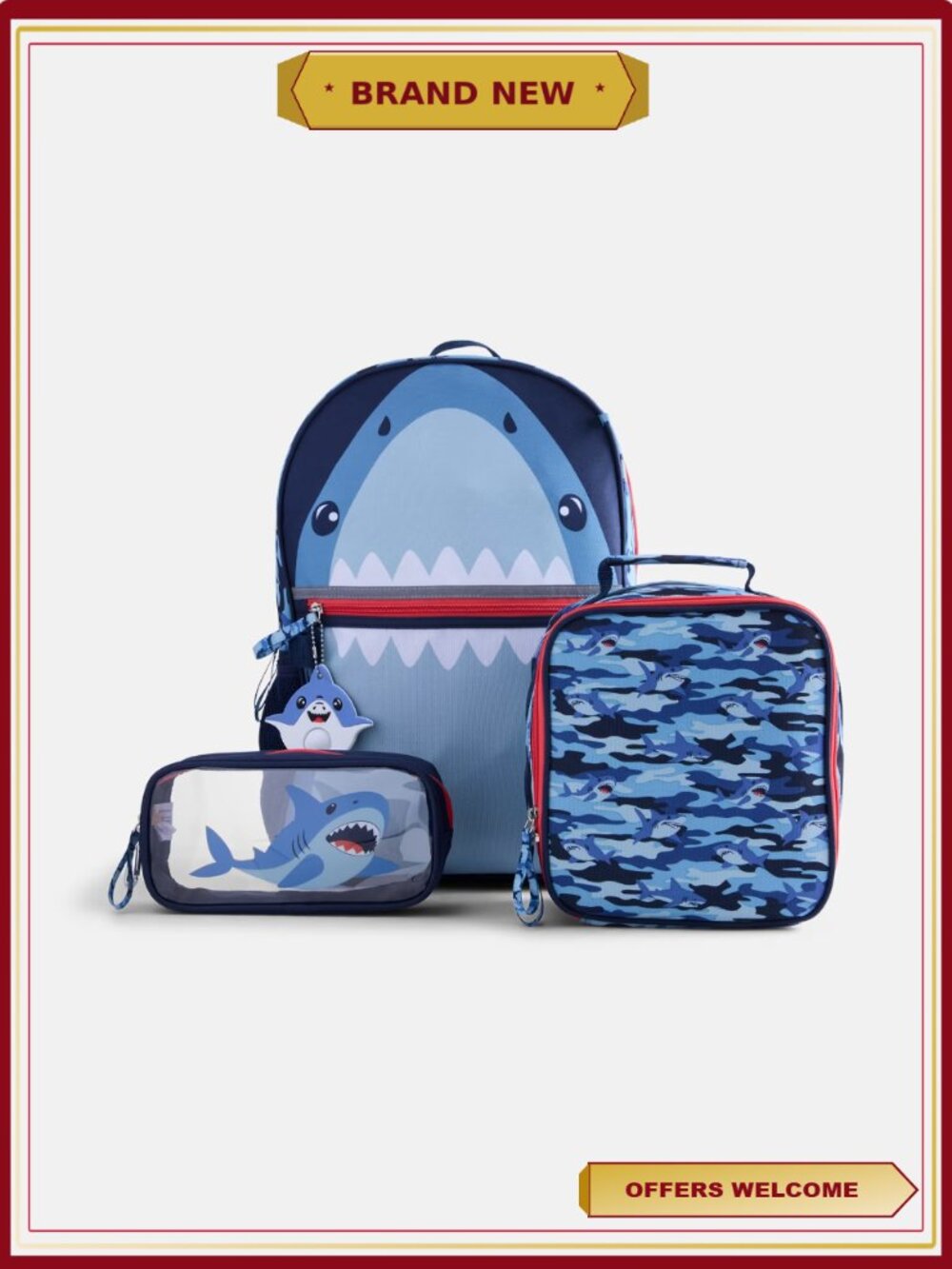17" Shark Backpack & Lunch Set with Pencil Pouch, School